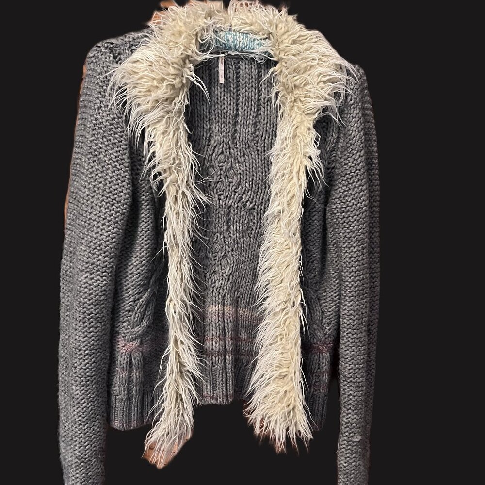 Gray Cardigan with Cozy Cream Fuzzy Trim